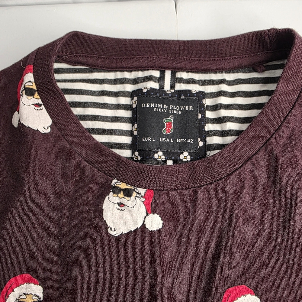 Denim & Flower Santa Print Maroon Men's Shirt Size Large Christmas CH-2132 - Picture 4 of 7